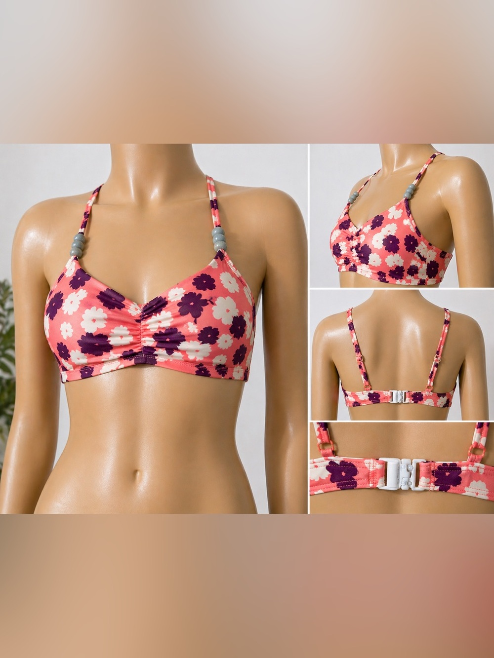 Tanya Taylor Swim Floral Bikini Top Women’s Large Coral Pink Purple Beaded Strap